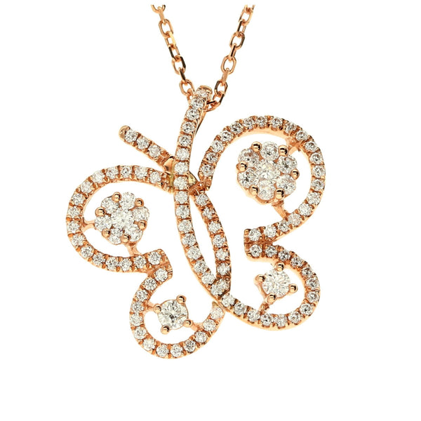 18ct Rose Gold Diamond Butterfly Pendant & Necklace -17" -0.60ct