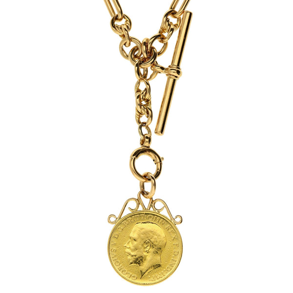 9ct Fancy Albert T-Bar Chain with 1911 Full Sovereign Pendant -