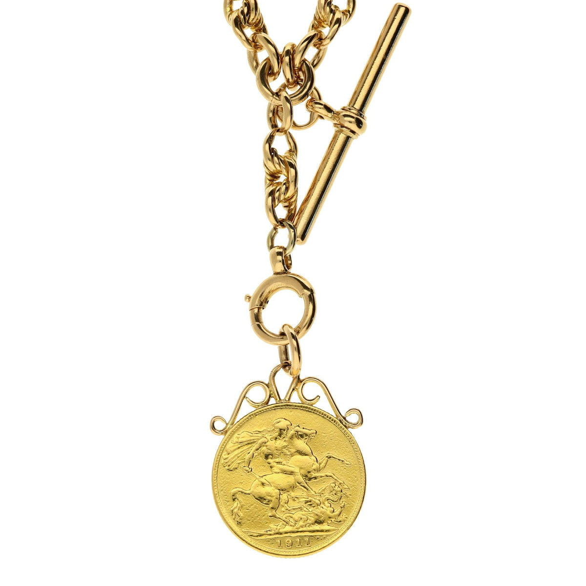 9ct Fancy Albert T-Bar Chain with 1911 Full Sovereign Pendant -