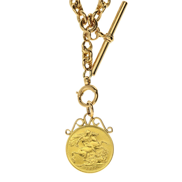 9ct Fancy Albert T-Bar Chain with 1911 Full Sovereign Pendant -