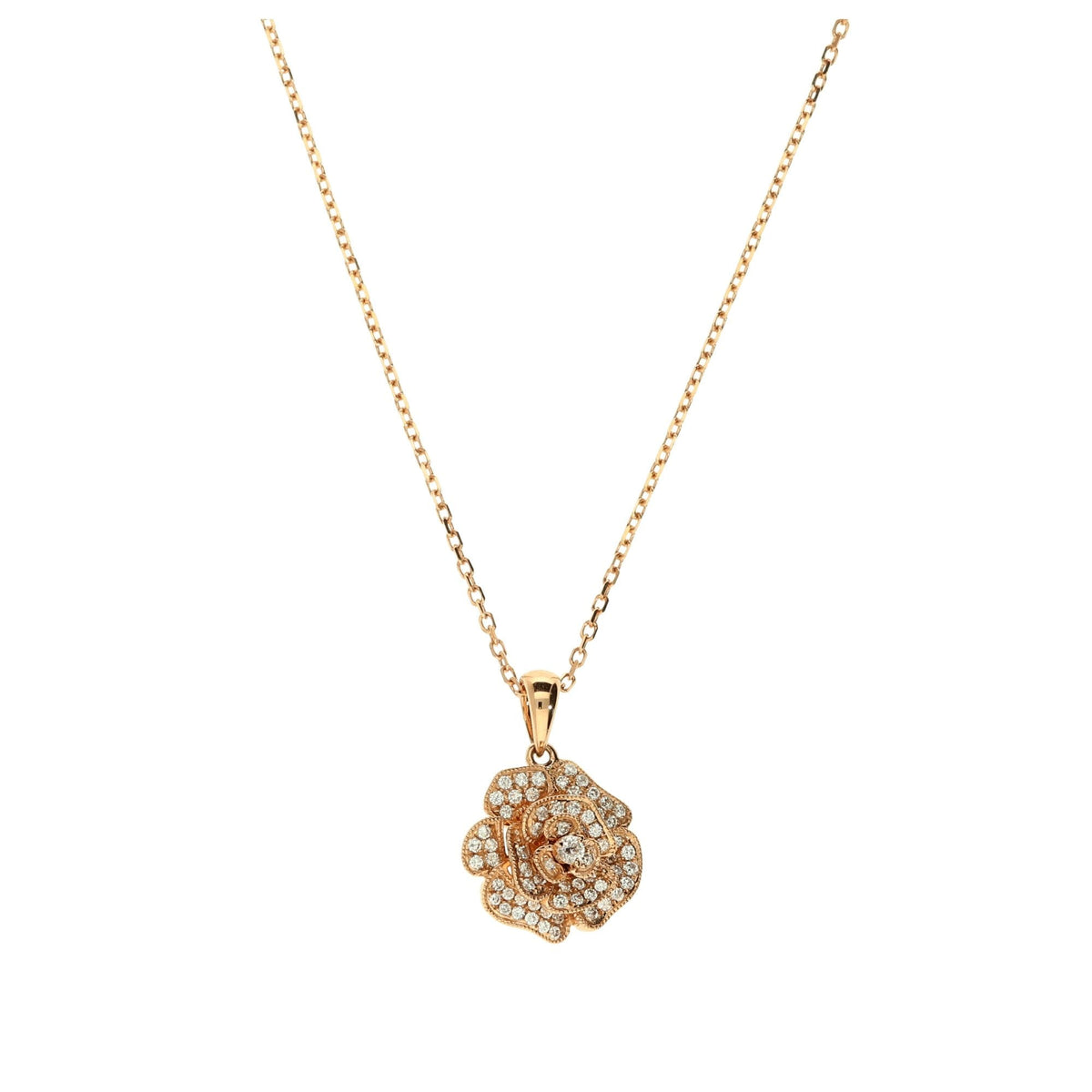 18ct Rose Gold Diamond Set Rose Pendant and Chain 3.7g