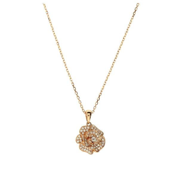18ct Rose Gold Diamond Set Rose Pendant and Chain 3.7g