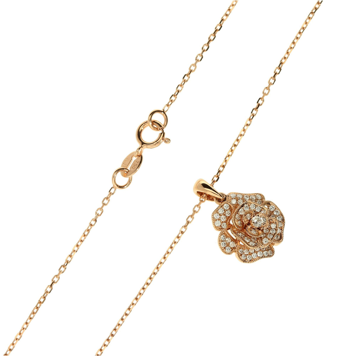 18ct Rose Gold Diamond Set Rose Pendant and Chain 3.7g