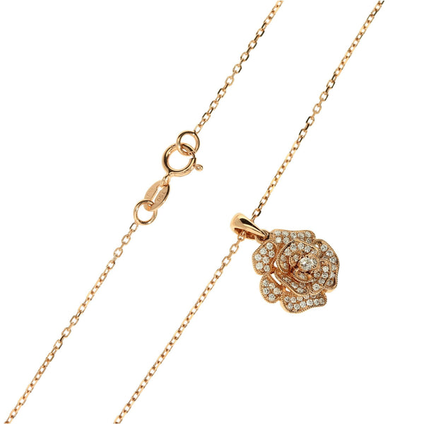 18ct Rose Gold Diamond Set Rose Pendant and Chain 3.7g