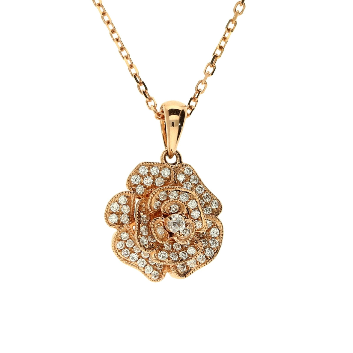 18ct Rose Gold Diamond Set Rose Pendant and Chain 3.7g