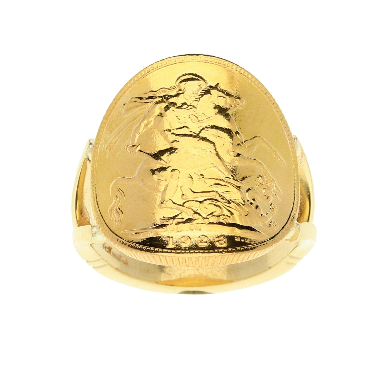 1928 King George V  Bent-Over Full Sovereign Coin Ring - 11g
