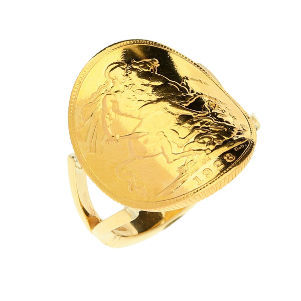1928 King George V  Bent-Over Full Sovereign Coin Ring - 11g