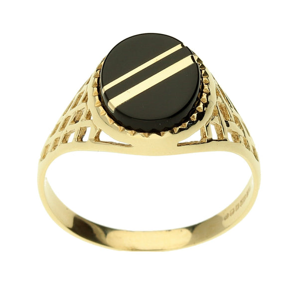 9ct Yellow Gold Onyx Ring - Size V - 2.8g