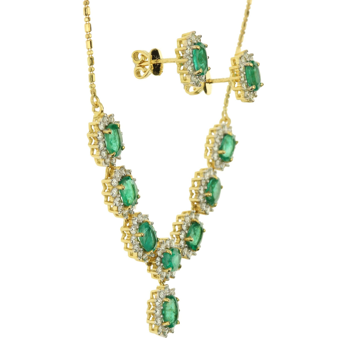 18ct Yellow Gold Emerald & Diamond Necklace & Earring Set