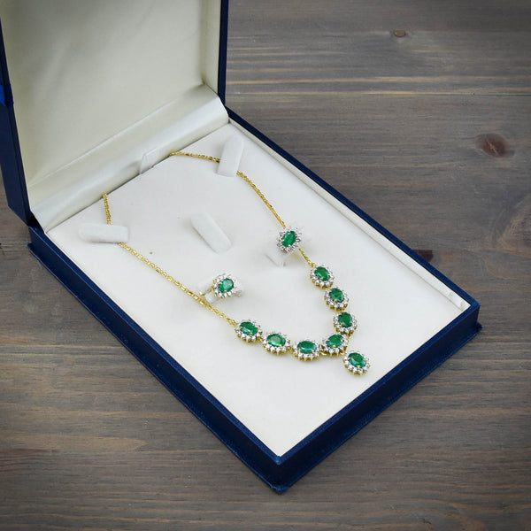 18ct Yellow Gold Emerald & Diamond Necklace & Earring Set