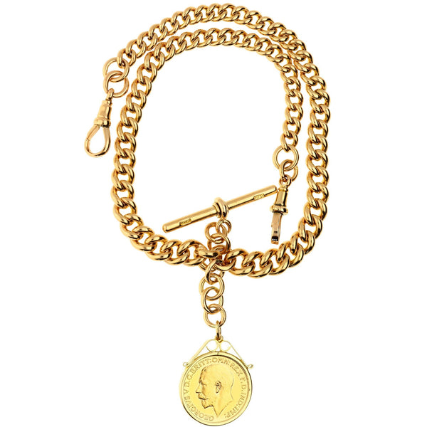 9ct Gold 15" Albert Watch Chain T-Bar -1913 Full Sovereign Coin