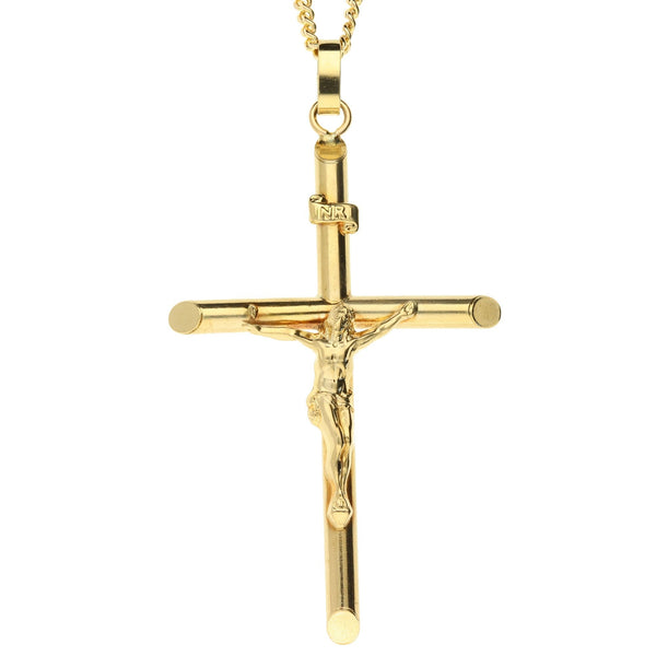 9ct Yellow Gold Large Crucifix & 23 Inch Curb Chain - 14.2g