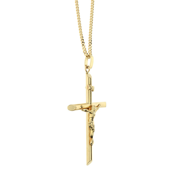 9ct Yellow Gold Large Crucifix & 23 Inch Curb Chain - 14.2g