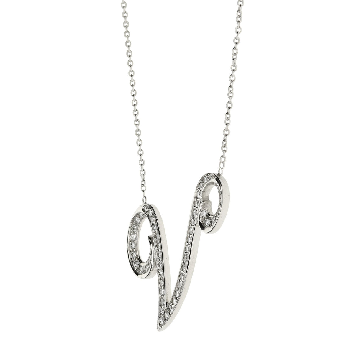 18ct White Gold Initial 'V' Diamond Pendant and Chain 0.68ct