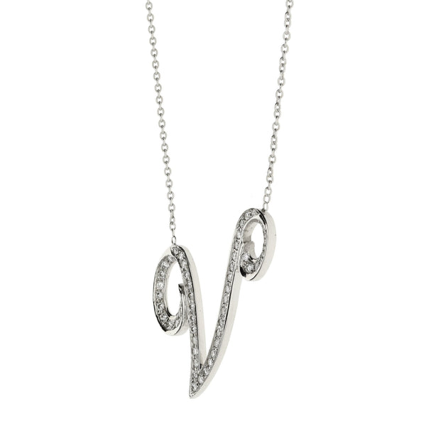 18ct White Gold Initial 'V' Diamond Pendant and Chain 0.68ct