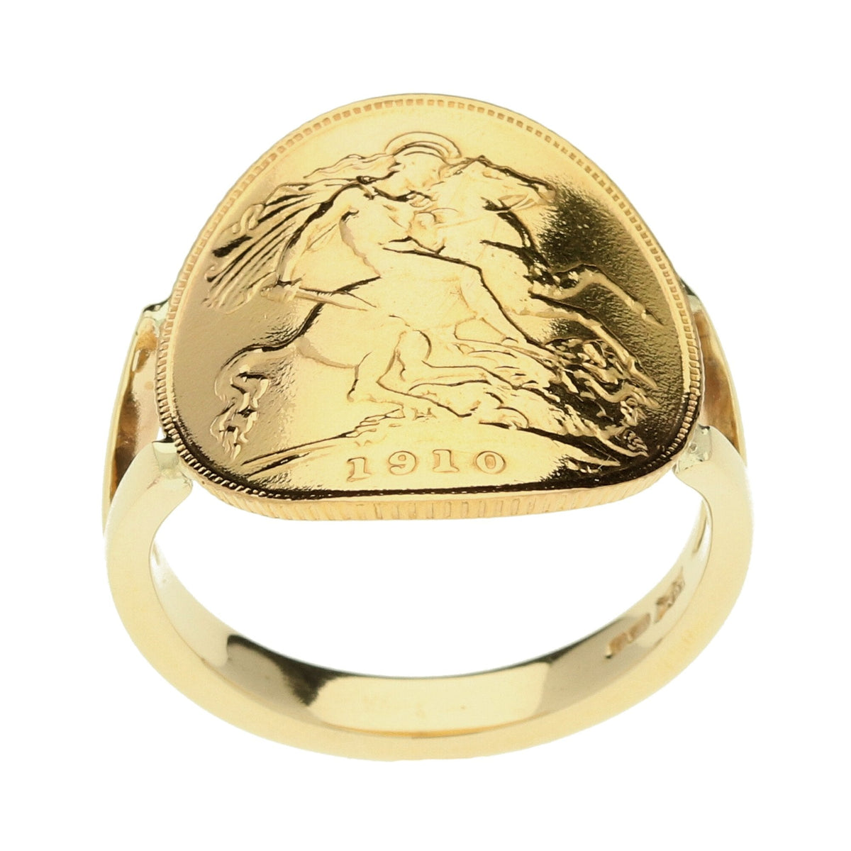9ct Yellow Gold Bent Over 1910 Half Sovereign Ring - 6.2g