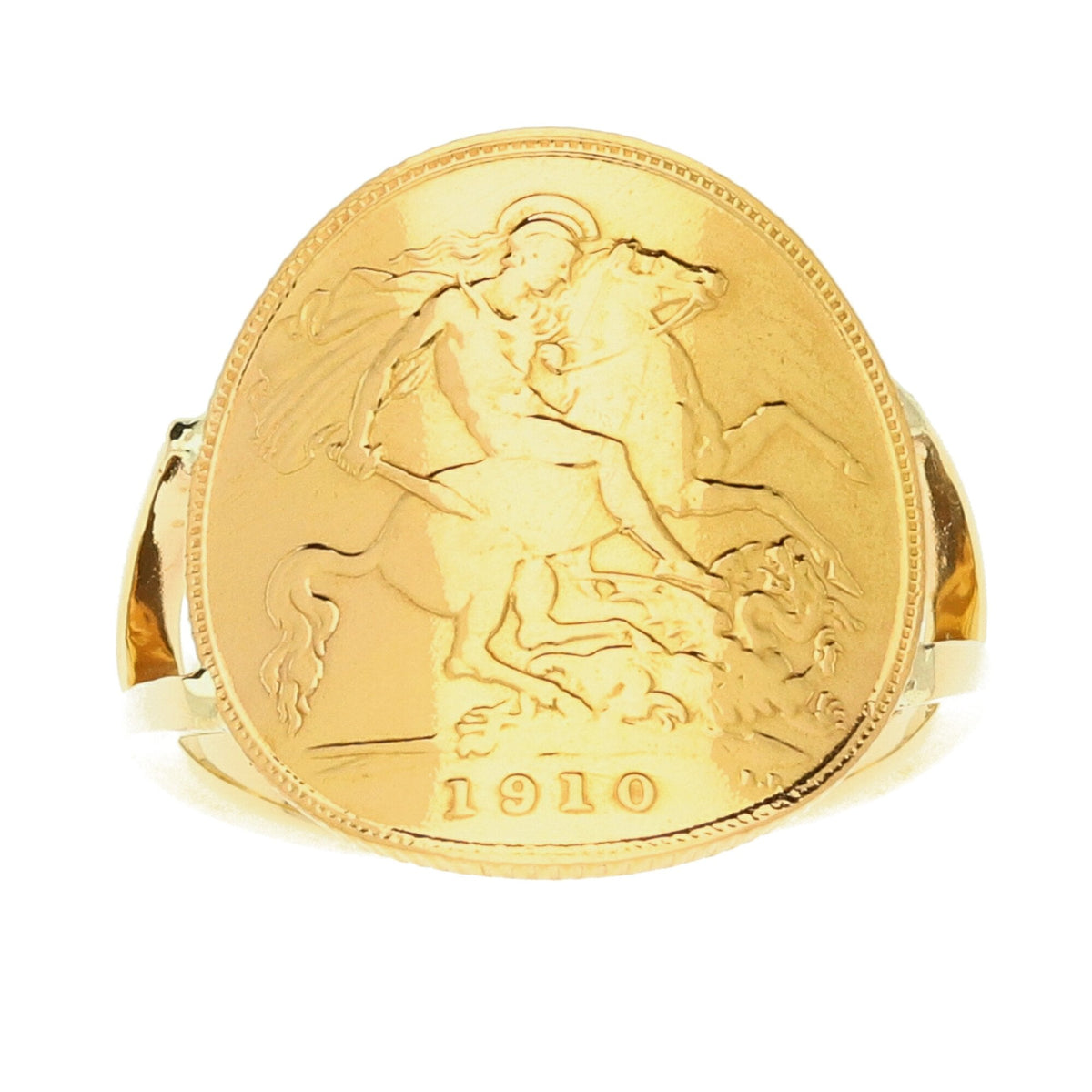 9ct Yellow Gold Bent Over 1910 Half Sovereign Ring - 6.2g