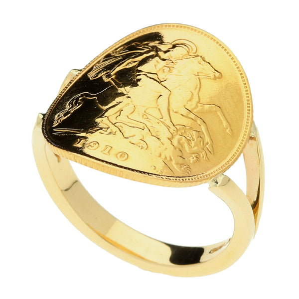 9ct Yellow Gold Bent Over 1910 Half Sovereign Ring - 6.2g