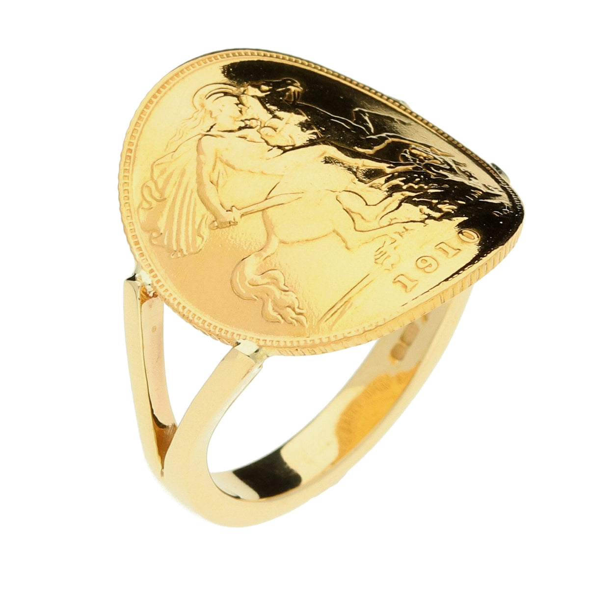 9ct Yellow Gold Bent Over 1910 Half Sovereign Ring - 6.2g