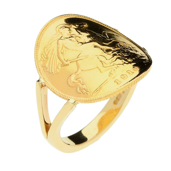 9ct Yellow Gold Bent Over 1910 Half Sovereign Ring - 6.2g