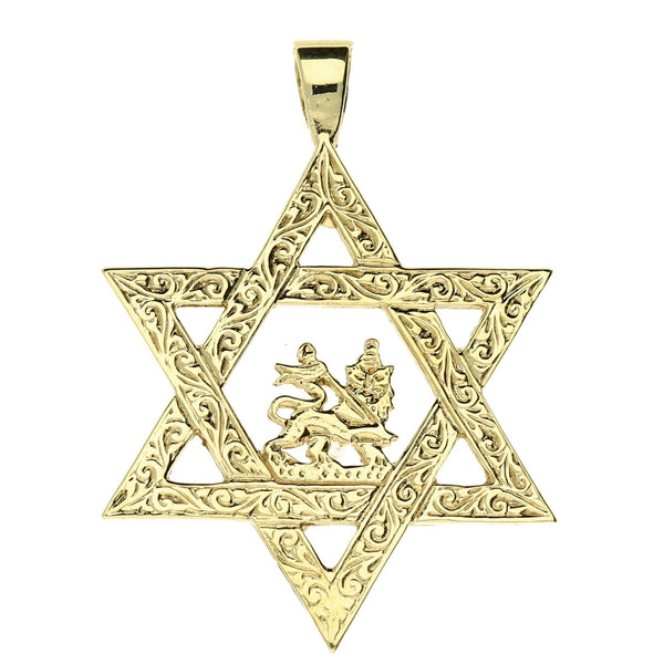 9ct Yellow Gold Star of David & Lion of Judah Pendant - 6.2g