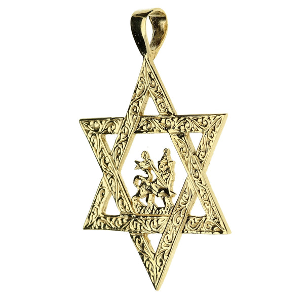 9ct Yellow Gold Star of David & Lion of Judah Pendant - 6.2g