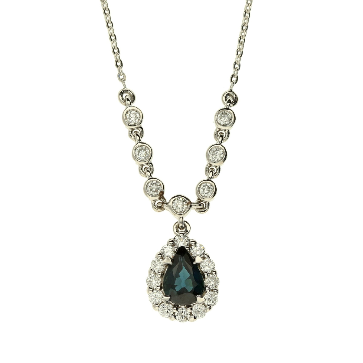 14ct White Gold Sapphire & Diamond Necklace 18" - 0.57ct