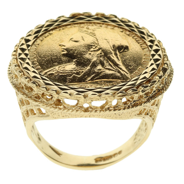 Gold 1893 Queen Victoria Full Sovereign Ring – Size O - 13.5g
