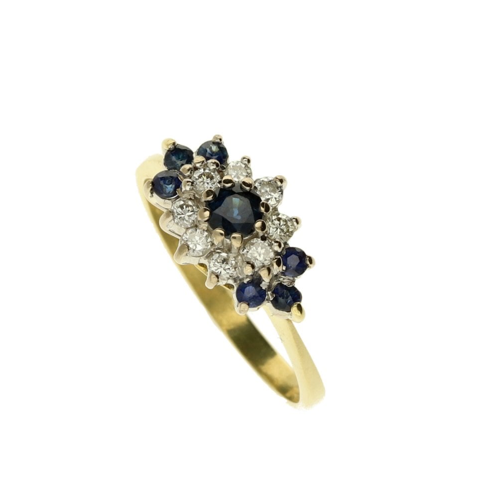 18ct Yellow Gold Sapphire & Diamond Custer Ring - Size Q