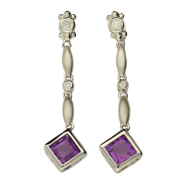18ct white gold diamond/amethyst drop earrings