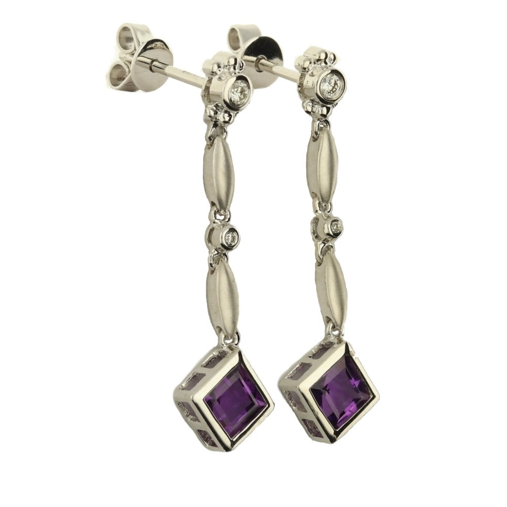 18ct white gold diamond/amethyst drop earrings