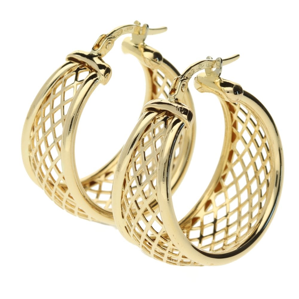 9ct yellow gold wide lattice hoop earrings