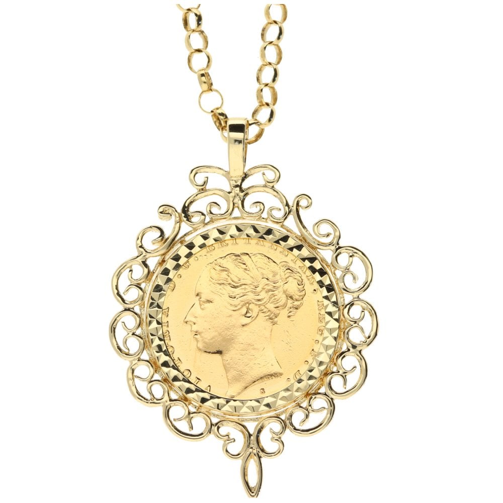 1882 full sovereign pendant and 9ct yellow 22" belcher chain
