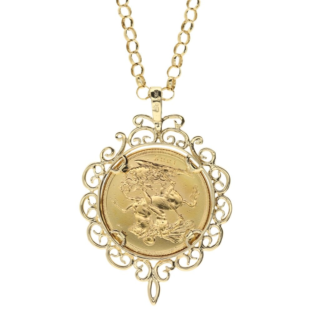 1882 full sovereign pendant and 9ct yellow 22" belcher chain
