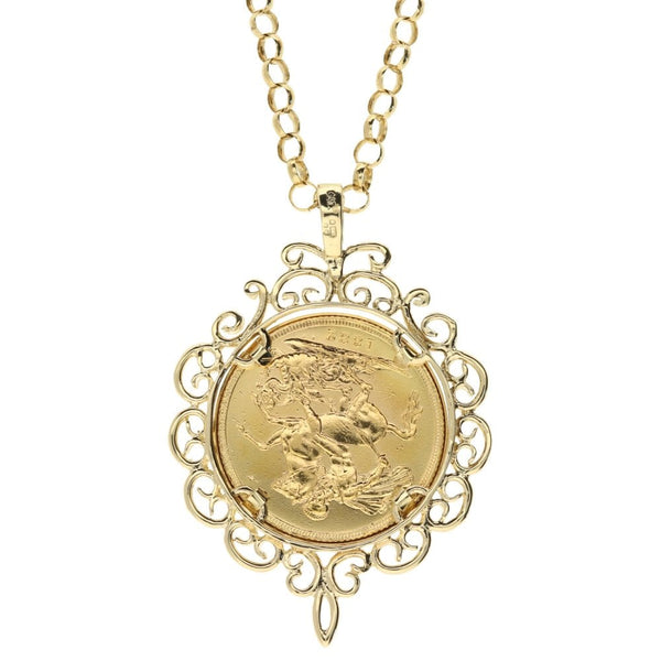 1882 full sovereign pendant and 9ct yellow 22" belcher chain