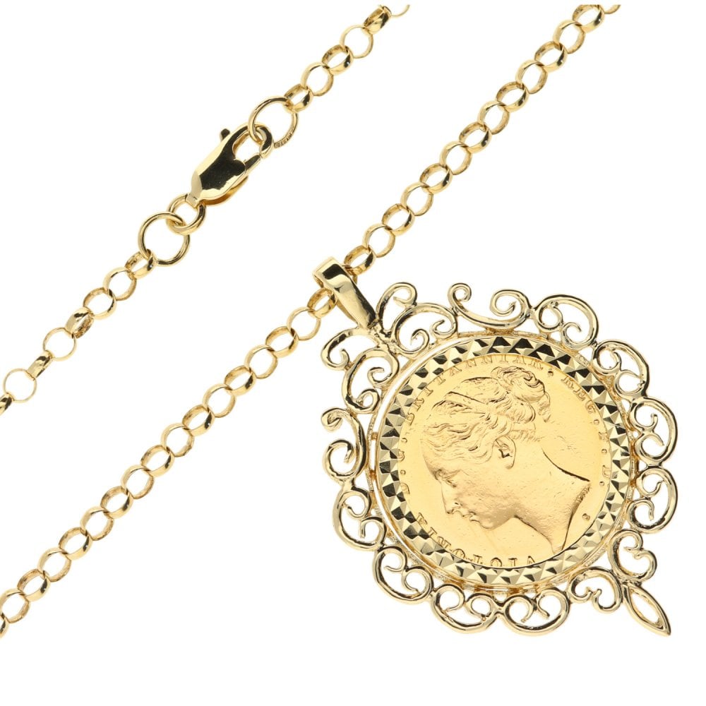 1882 full sovereign pendant and 9ct yellow 22" belcher chain