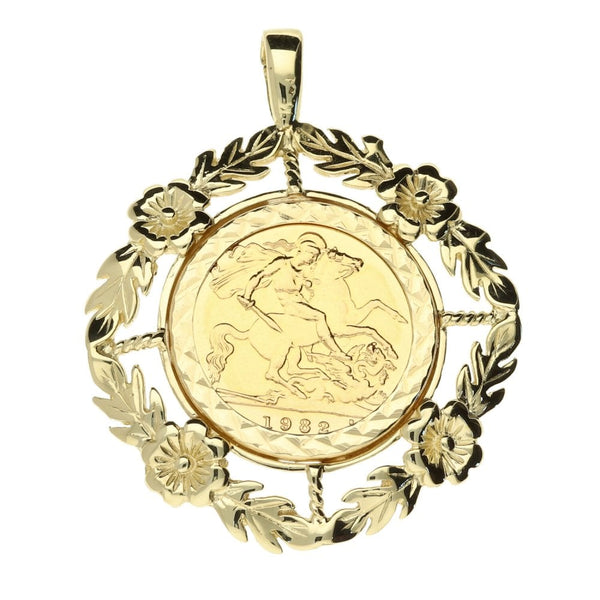 9ct yellow gold mounted (1982 Queen Elizabeth) 1/2 sov pendant