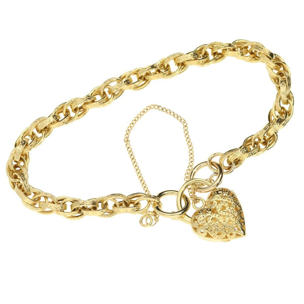9ct Ladies Curb Bracelet With Patterned Heart Charm