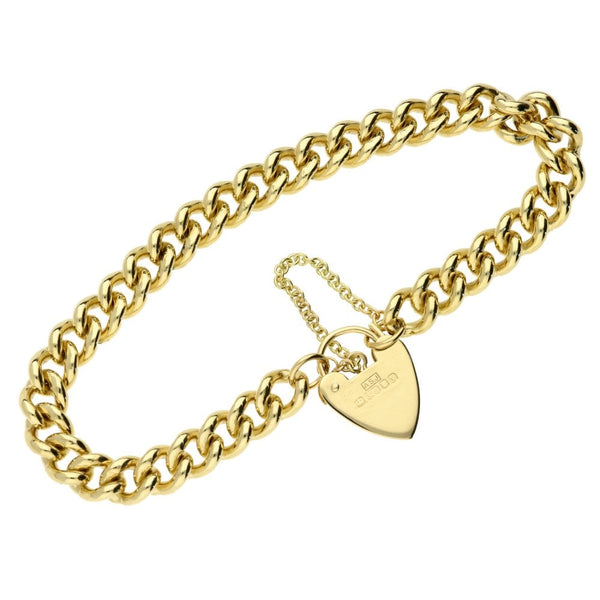 9ct Yellow Gold-Ladies-Curb Bracelet-Heart Padlock -18cm
