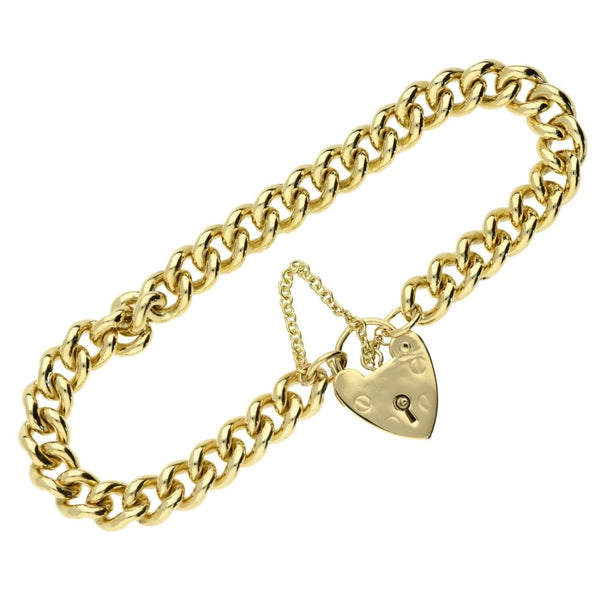 9ct Yellow Gold-Ladies-Curb Bracelet-Heart Padlock -18cm