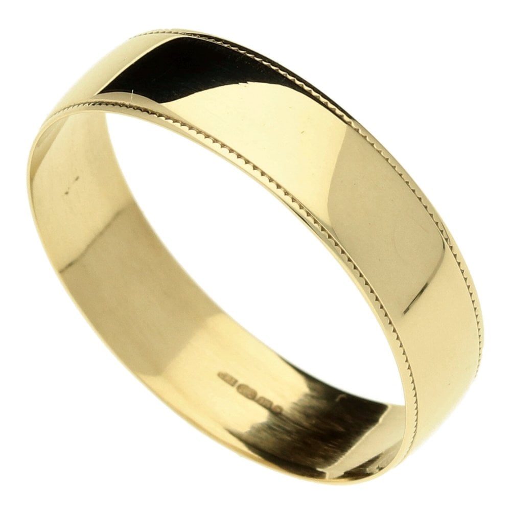 9ct Gold D-Shape Wedding Ring Patterned Edge-Size W