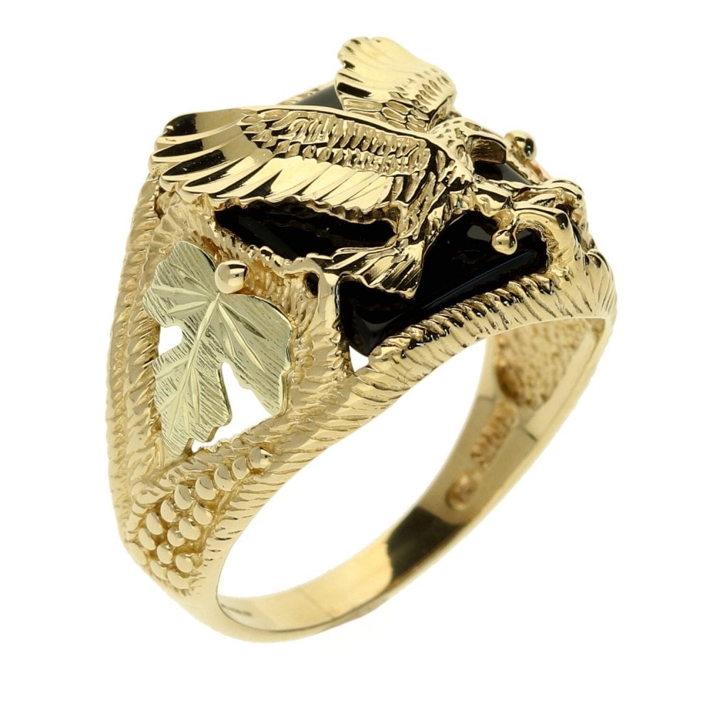 9ct Yellow Gold Eagle Onyx Gents Ring - Size U