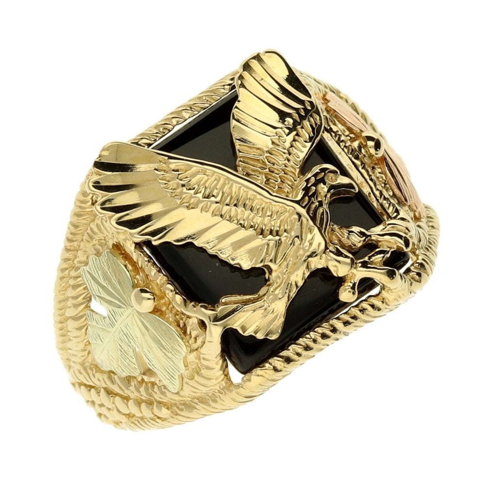 9ct Yellow Gold Eagle Onyx Gents Ring - Size U