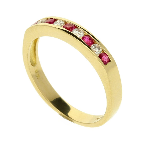 18ct Yellow Gold Diamond & Ruby Half Eternity Ring- Size O 1/2