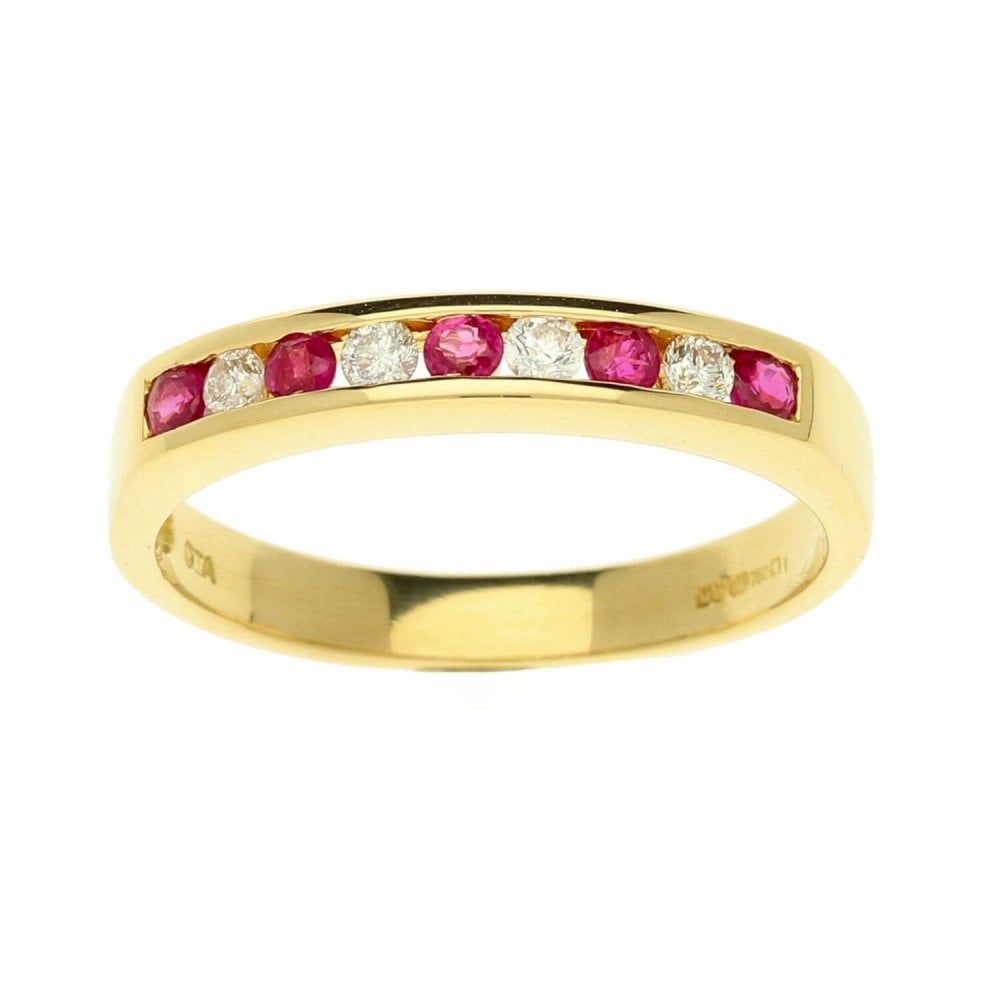 18ct Yellow Gold Diamond & Ruby Half Eternity Ring- Size O 1/2