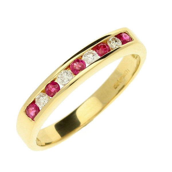 18ct Yellow Gold Diamond & Ruby Half Eternity Ring- Size O 1/2