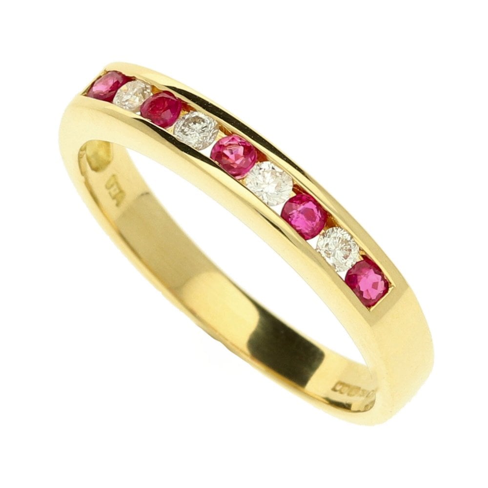 18ct Yellow Gold Diamond & Ruby Half Eternity Ring- Size O 1/2