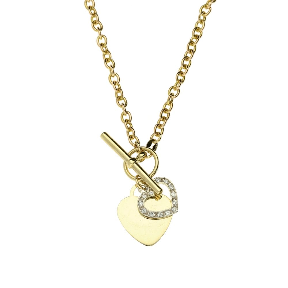 9ct Yellow Gold Cable Chain With 2 Hearts And T-Bar - 16 Inches