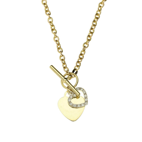 9ct Yellow Gold Cable Chain With 2 Hearts And T-Bar - 16 Inches
