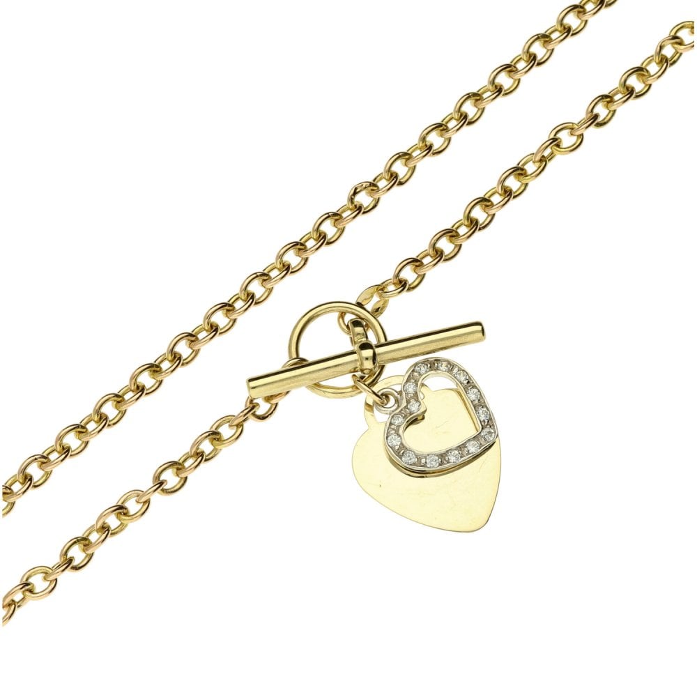 9ct Yellow Gold Cable Chain With 2 Hearts And T-Bar - 16 Inches